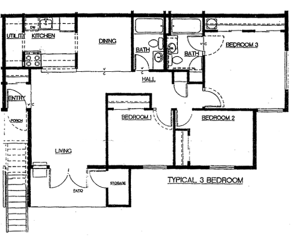 Floor plan for 3 beds, 2 baths, 1089 sqft